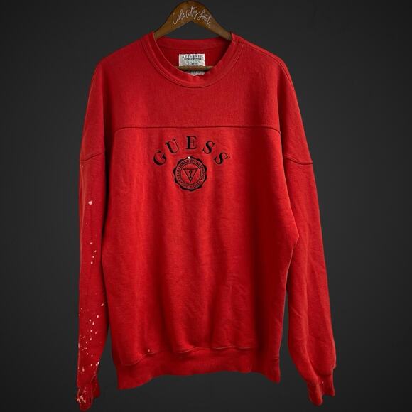 Guess Crewneck Sweatshirt Red Sewn Vintage XL Bleach Distressed - Picture 1 of 9